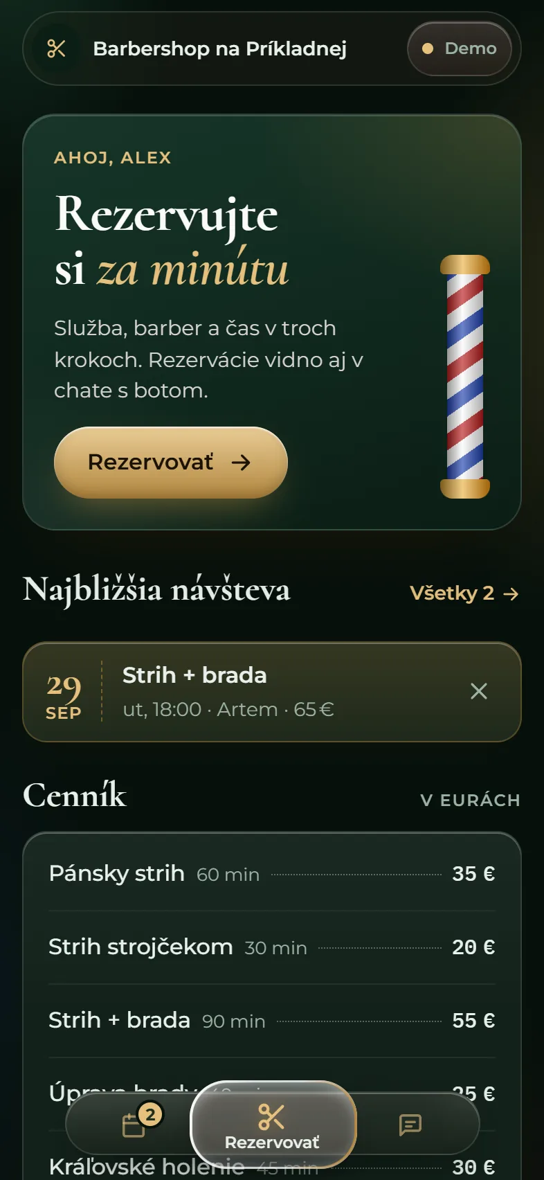 Hotová hlavná obrazovka Mini App barbershopu v tmavej téme
