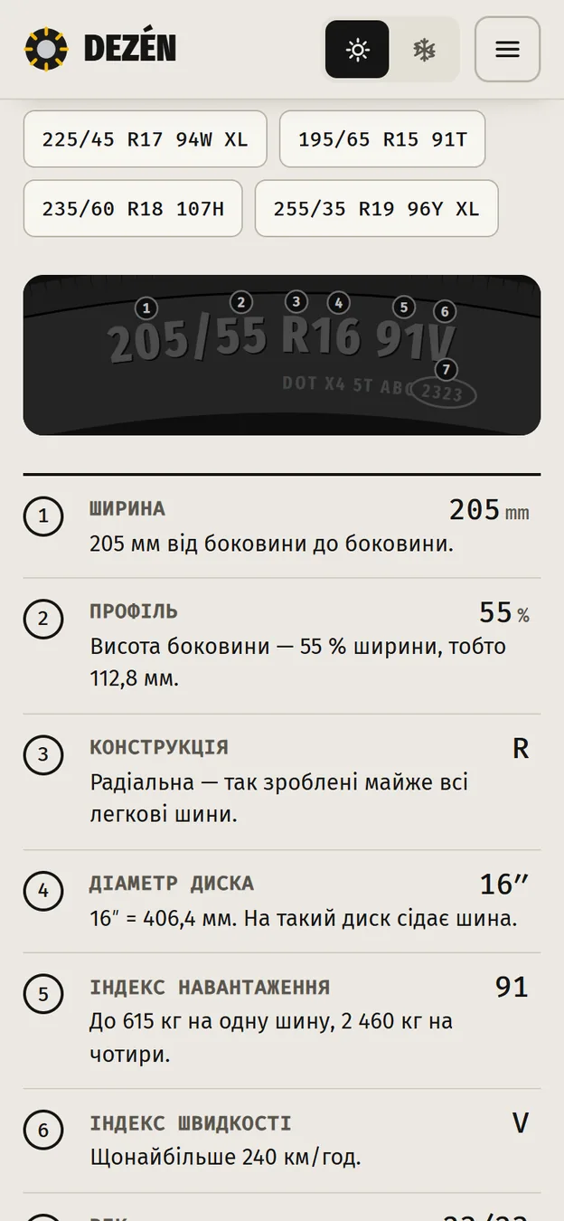 Телефон: код шины 205/55 R16 91V разобран выносками на боковине