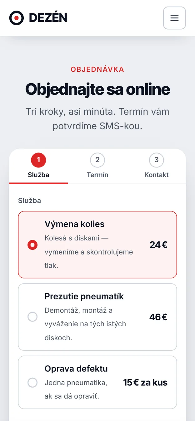 Telefón: sprievodca rezerváciou, krok 1 — výber služby s cenou