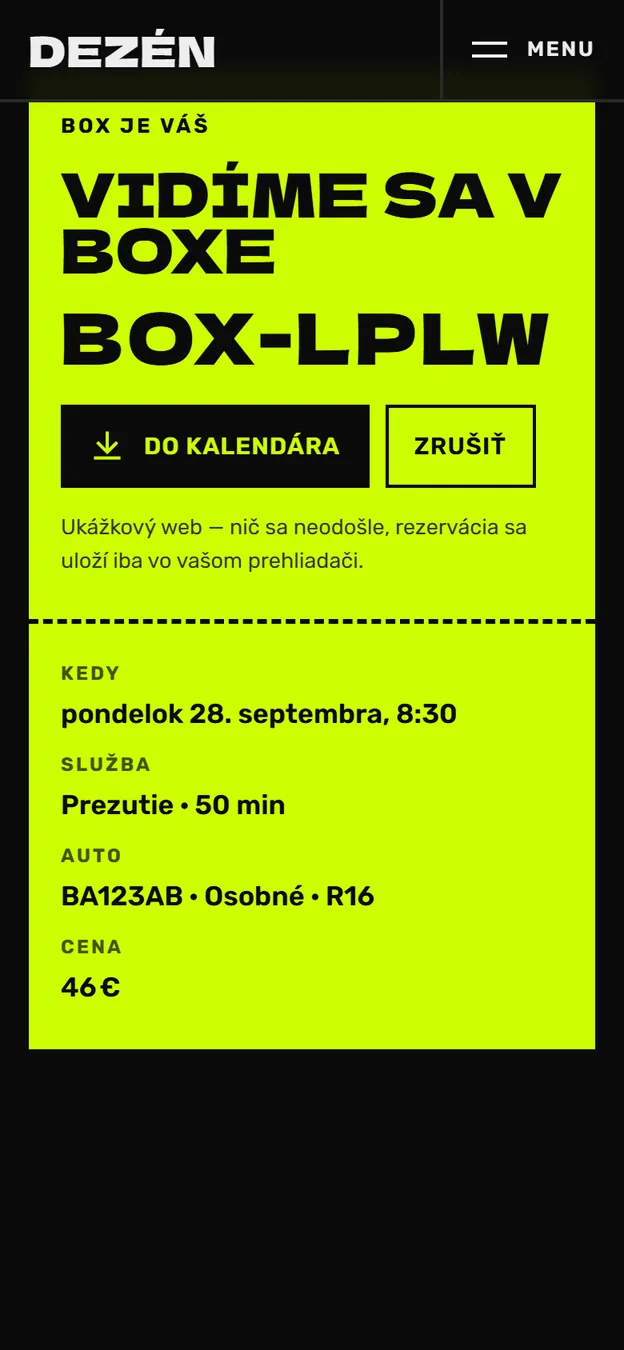 Telefón: limetkový lístok rezervácie s kódom boxu